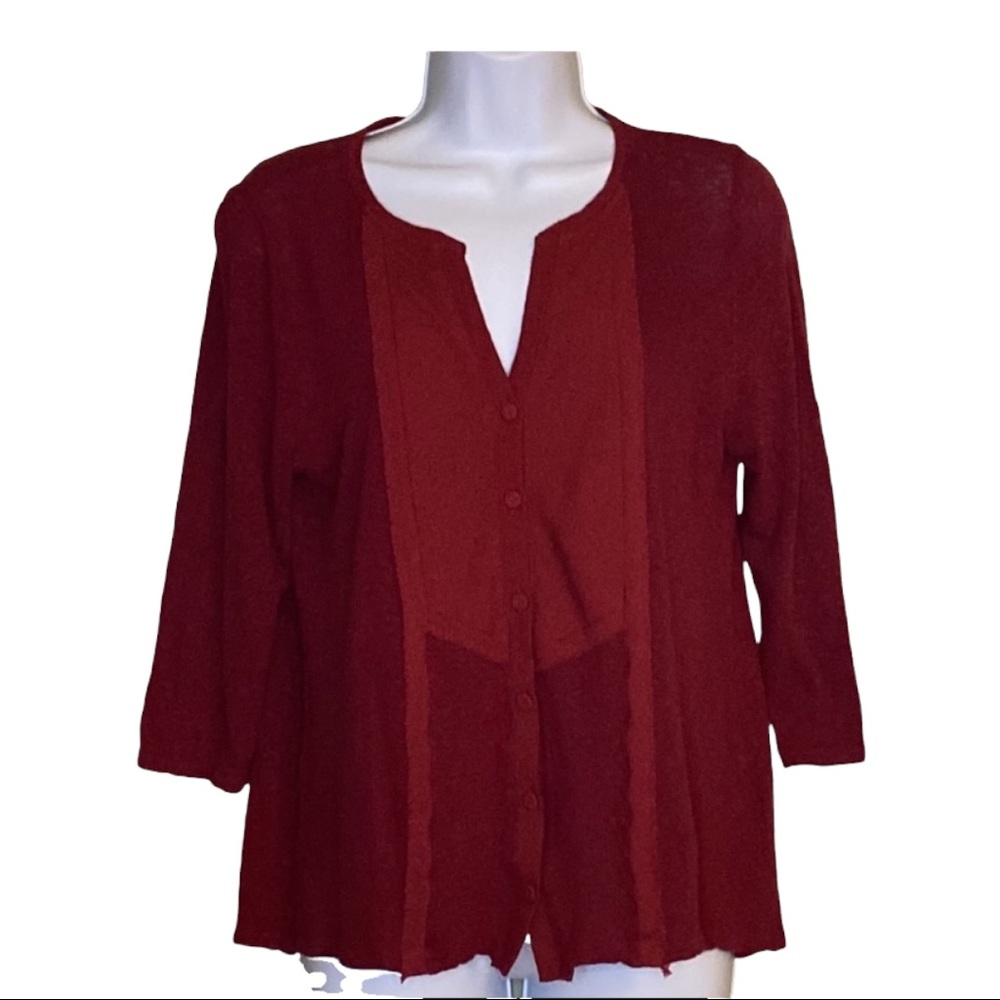 Lucky Brand Merlot Button Up Contrast Fabric Jersey Bracelet Sleeves V Neck Med